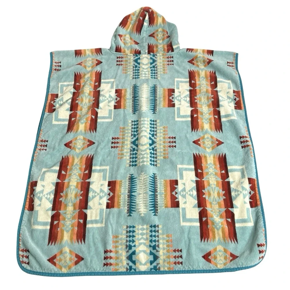 Pendleton Chief Joseph Hooded Towel Poncho Kids Tween Aqua Southwestern Cotton